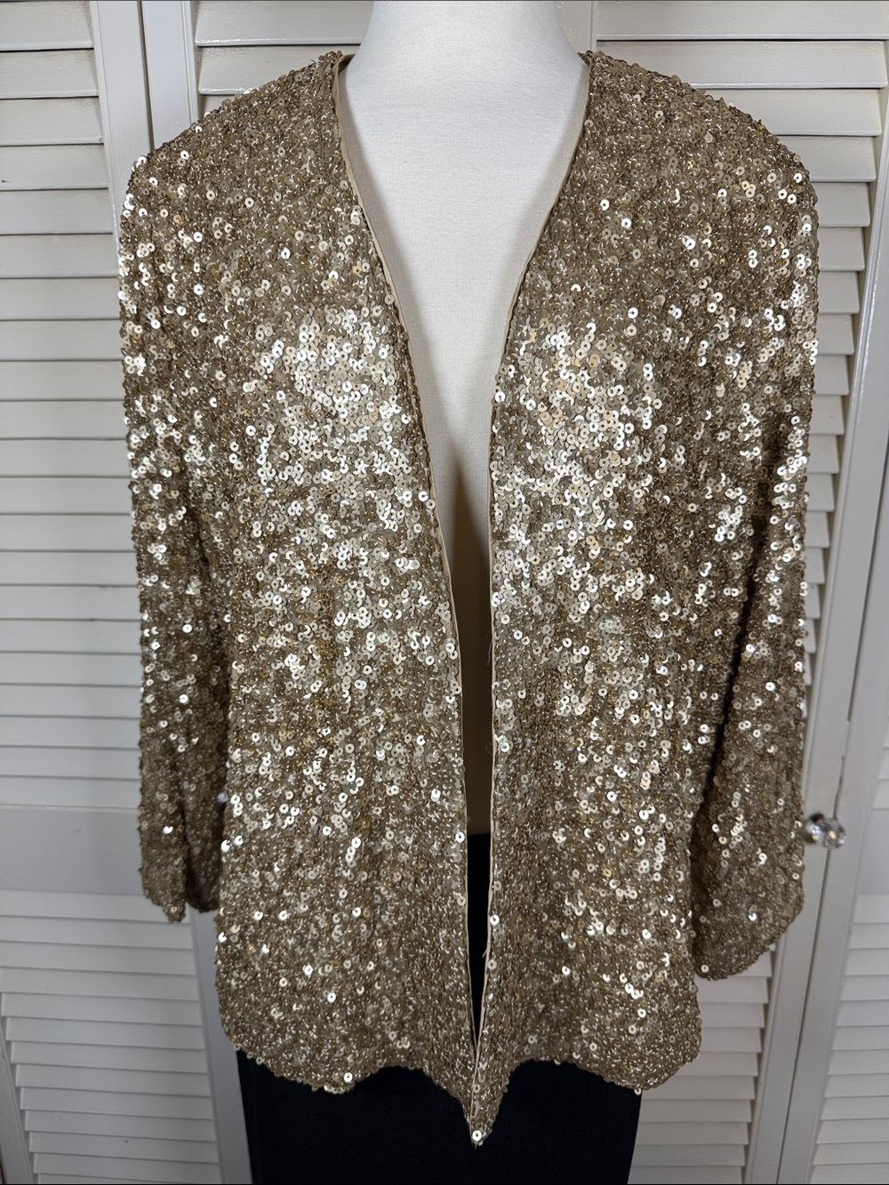 Chico's Gold Sequin Open Front Cardigan Jacket Travelers Champagne 2 (12-14)